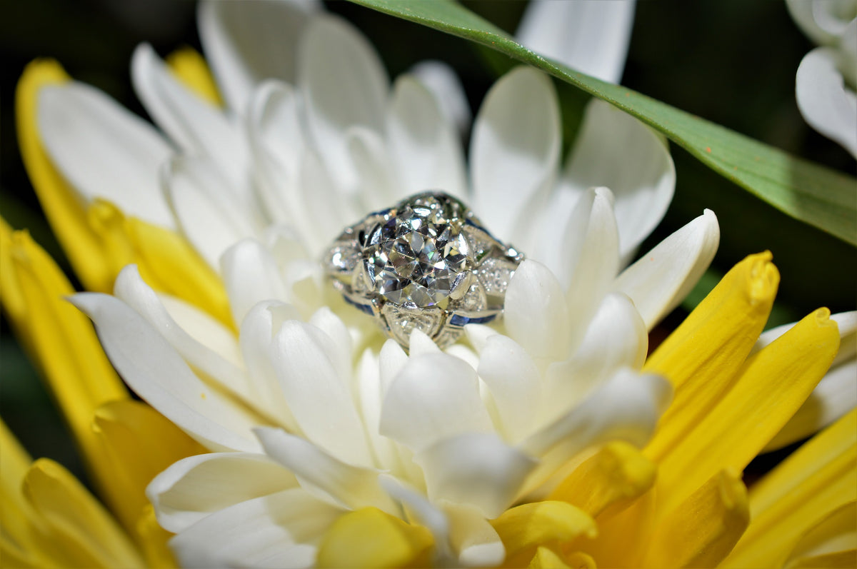 Platinum Filigree Sapphire and Old European Cut Diamond Ring