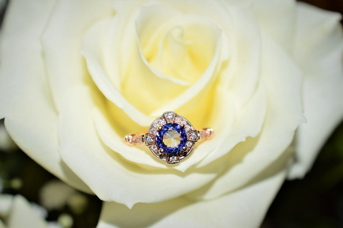 Rose Gold Tanzanite and Diamond Art Deco Inspired Ring