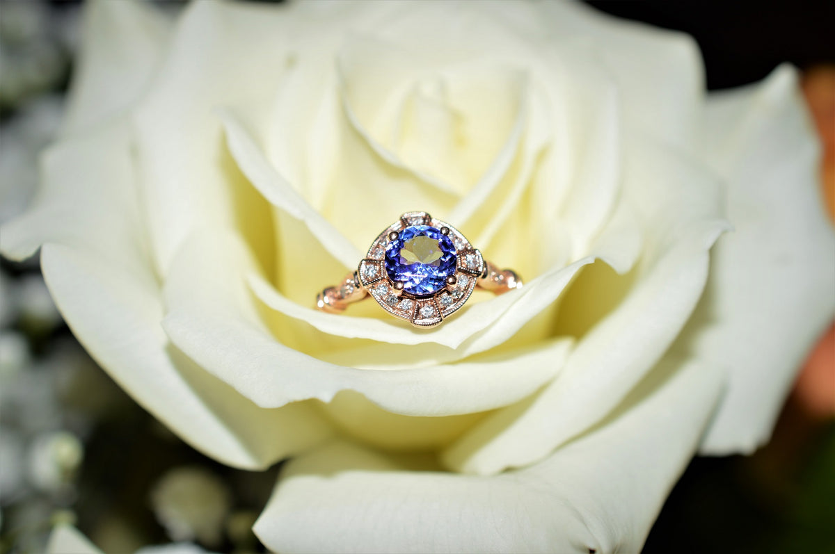 Rose Gold Tanzanite and Diamond Art Deco Inspired Ring