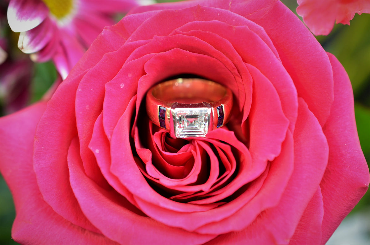18K Platinum Sapphire And Rectangular Step Cut Diamond Ring