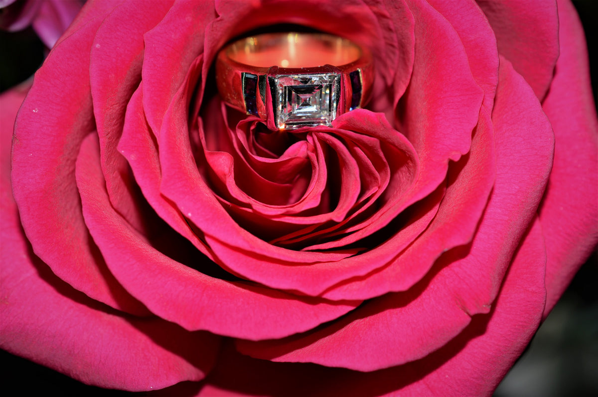 18K Platinum Sapphire And Rectangular Step Cut Diamond Ring