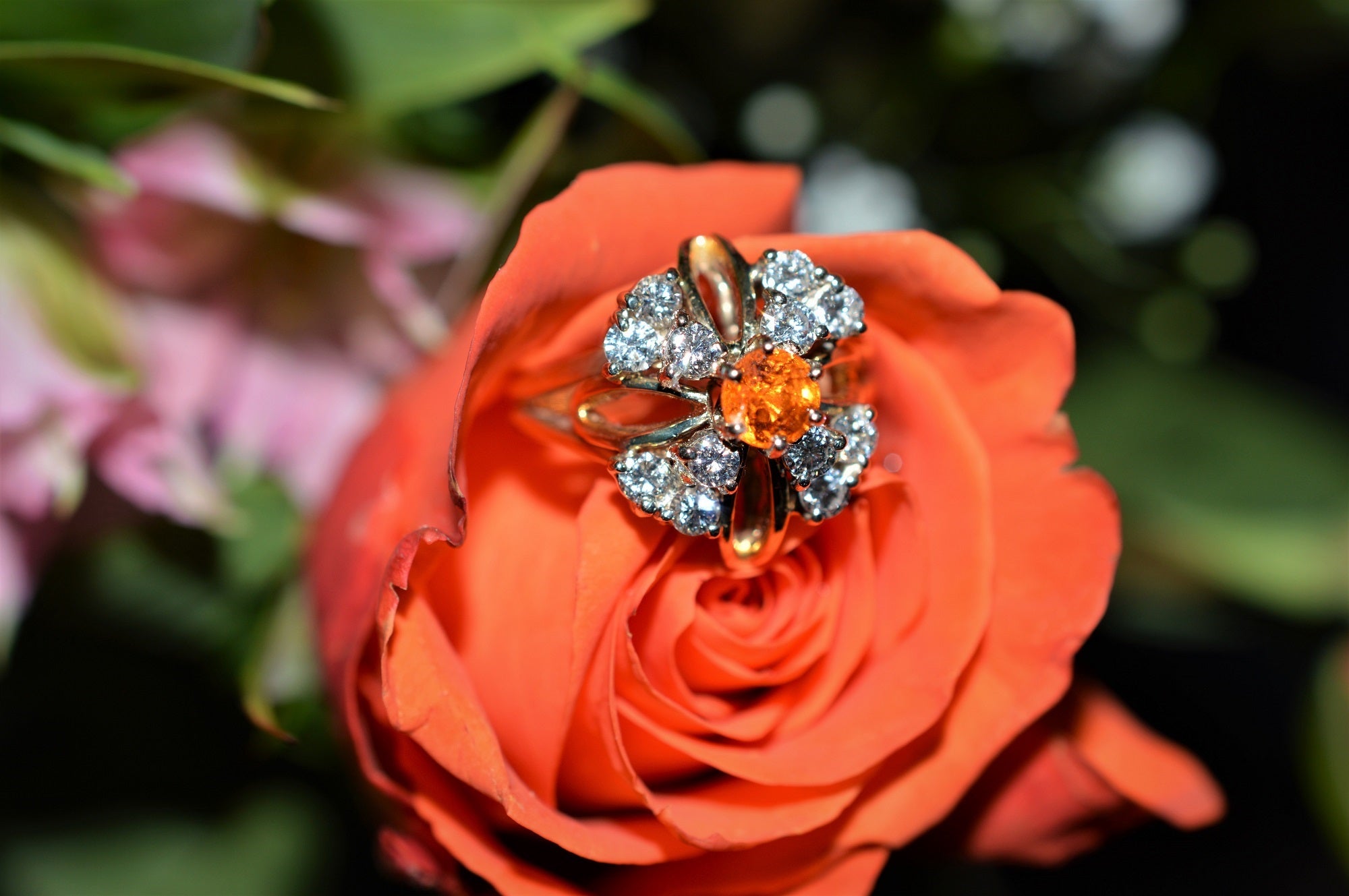 14K Yellow Gold Spessartite Orange Garnet And Diamond Ring