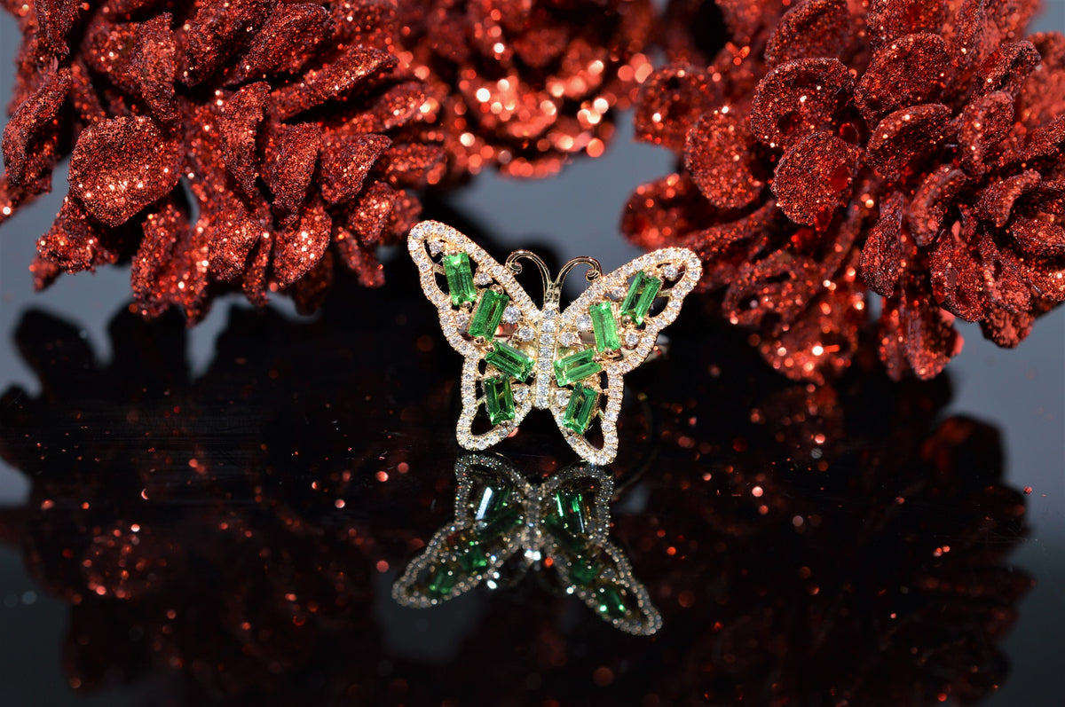 14K Yellow Gold Tsavorite Green Garnet Butterfly Ring
