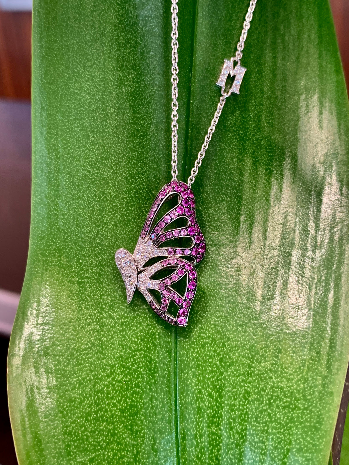 18k White Gold Diamond And Pink Sapphire Butterfly Necklace