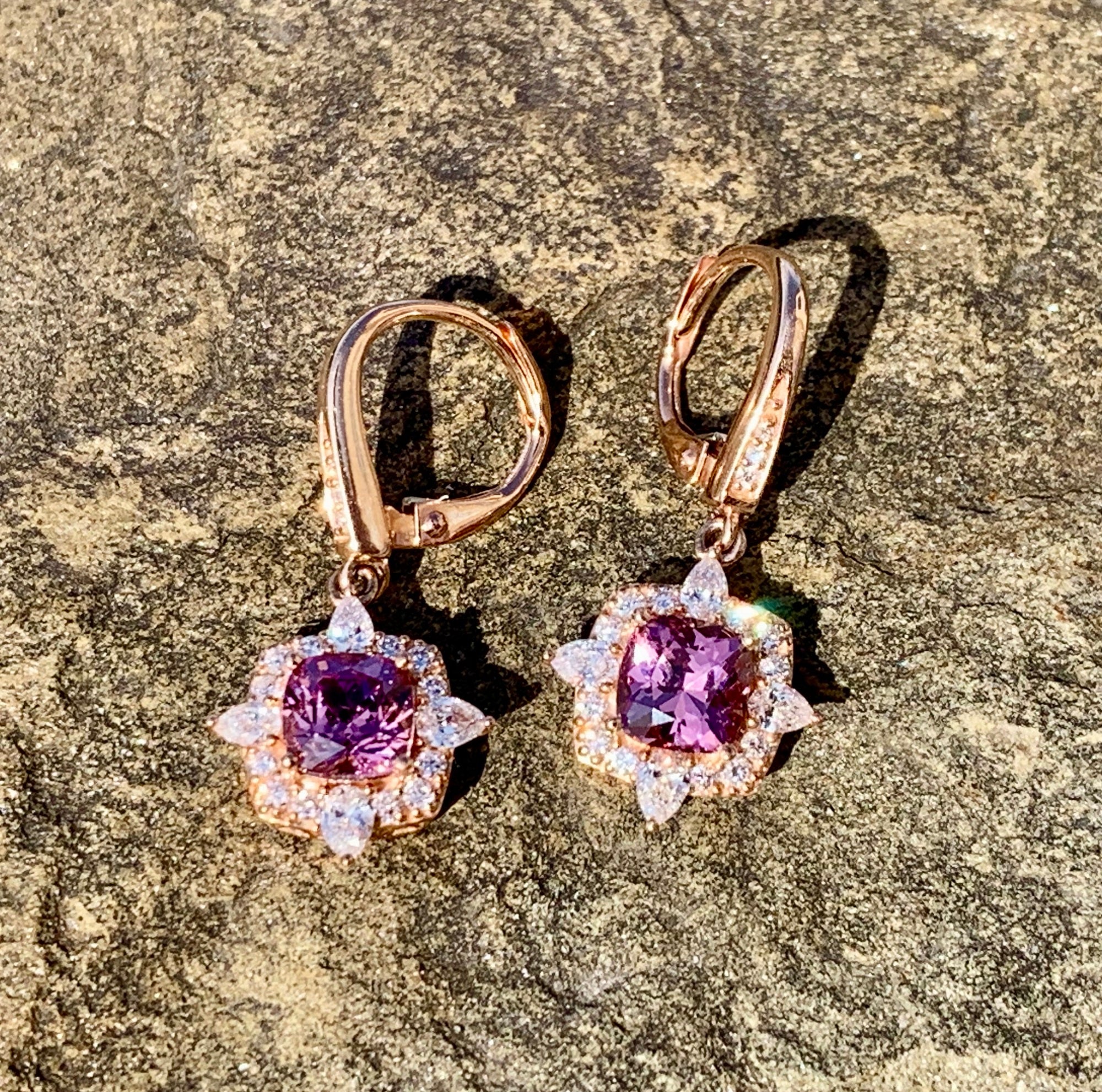 Gemstone Leverback Garnet Earrings 14K Rose Gold Lotus Garnet