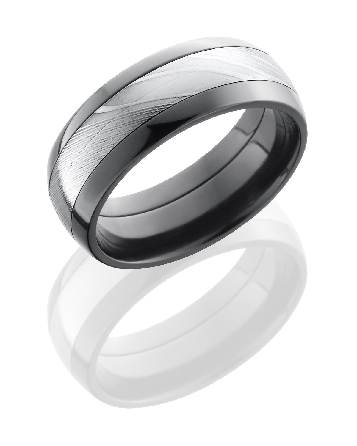 Zirconium 8mm Domed Band with Damascus Steel Inlay-Lashbrook-Howard&#39;s Diamond Center