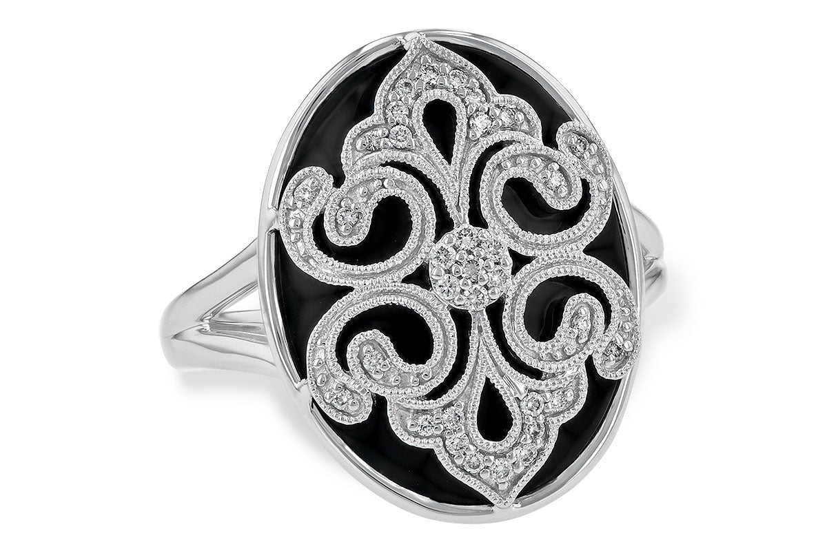 14K White Gold, Ornate, Onyx And Diamond Ring (0.12 dtw)