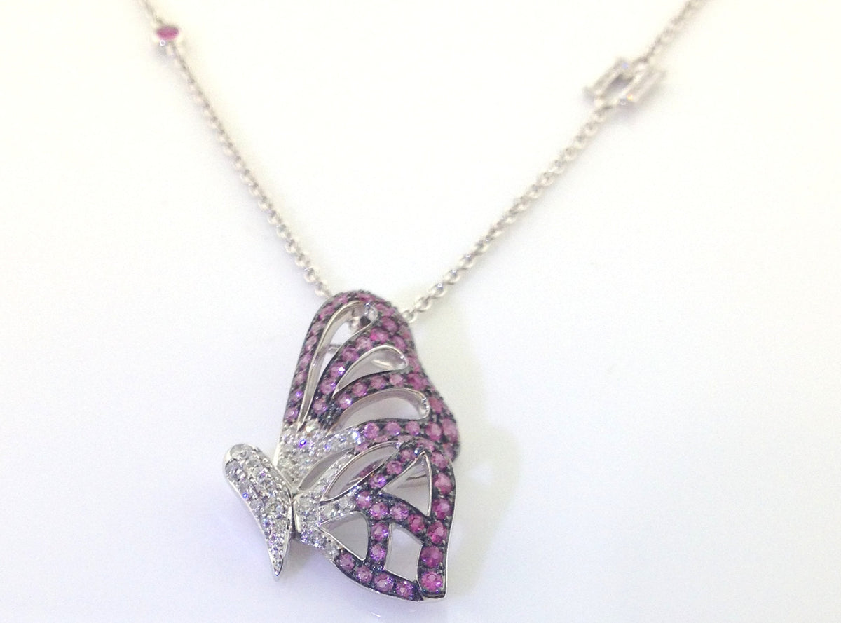 Ladies 18k White Gold Miiori Diamond And Pink Sapphire Butterfly Necklace-Howard&#39;s Exclusive-Howard&#39;s Diamond Center