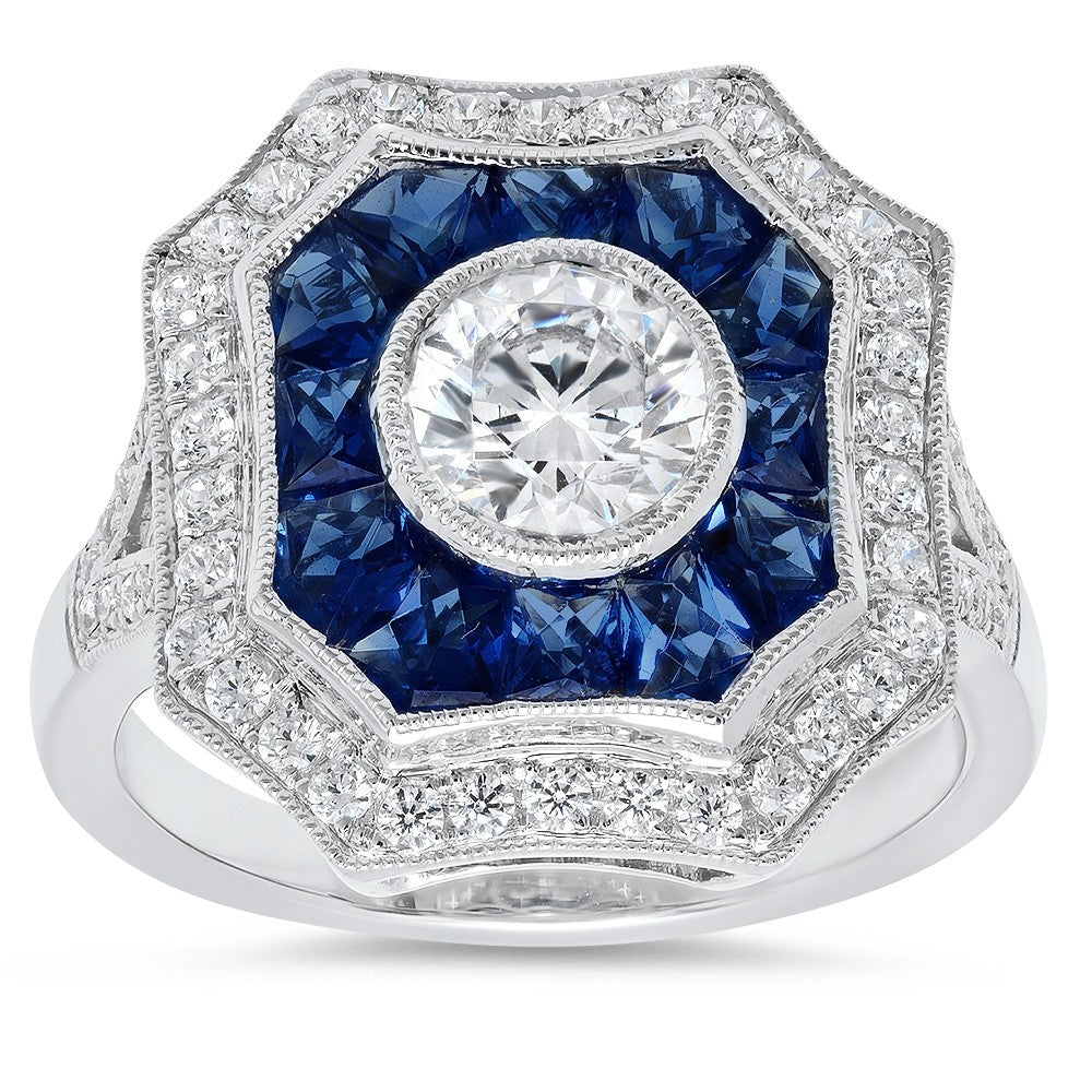 Ladies 18K White Gold Art Deco Diamond And Sapphire Ring