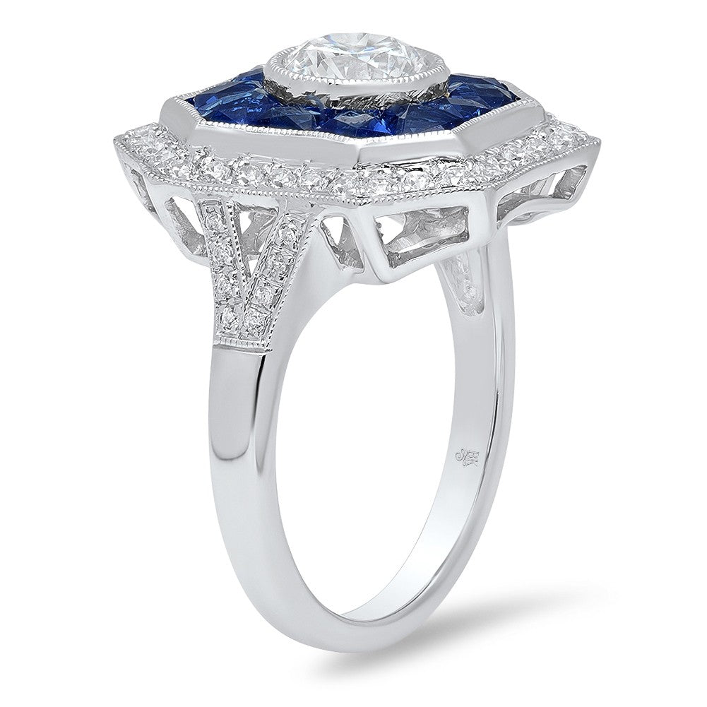 Ladies 18K White Gold Art Deco Diamond And Sapphire Ring