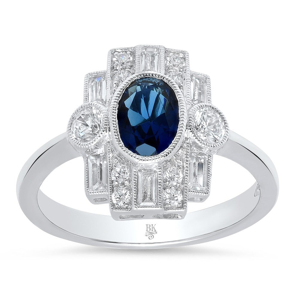 Ladies Art Deco 14K White Gold Diamond And Sapphire Ring