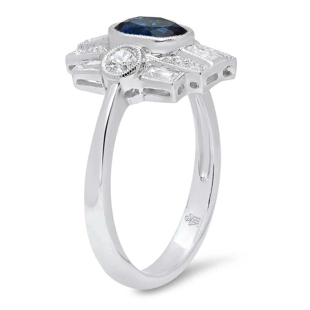 Ladies Art Deco 14K White Gold Diamond And Sapphire Ring