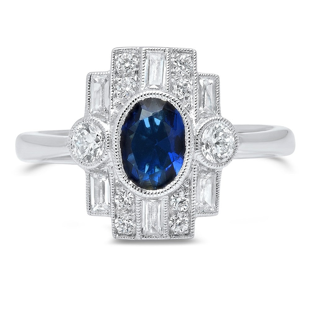 Ladies Art Deco 14K White Gold Diamond And Sapphire Ring