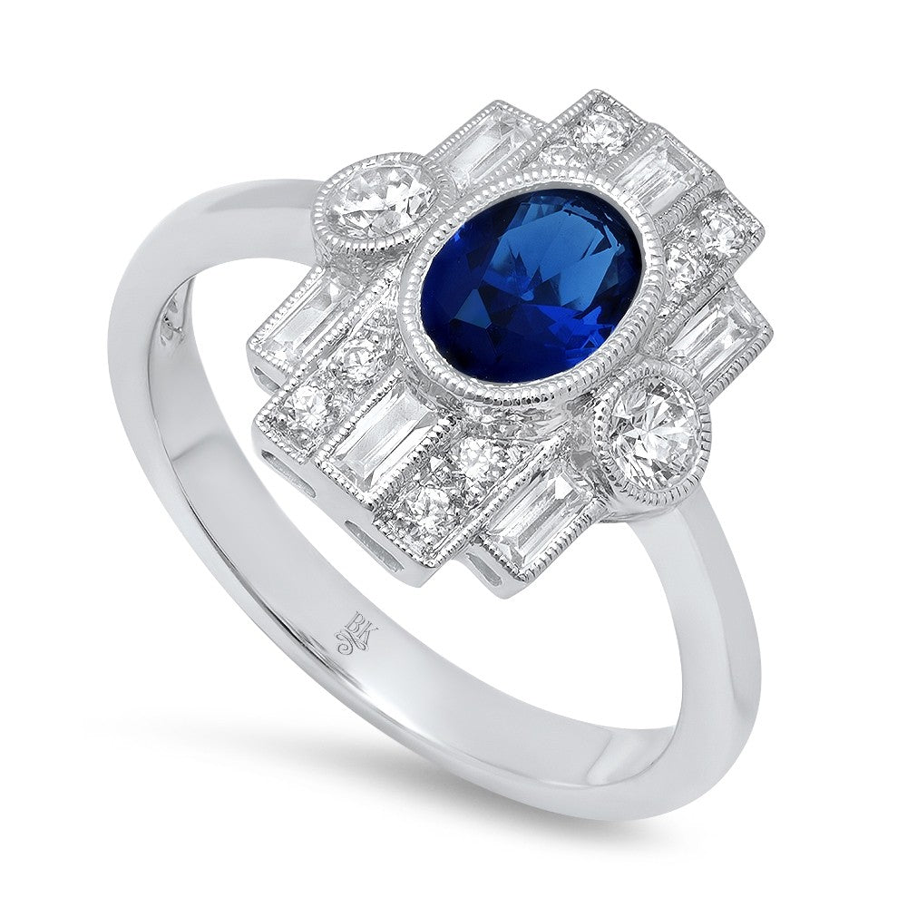 Ladies Art Deco 14K White Gold Diamond And Sapphire Ring