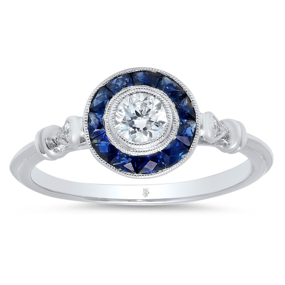 14K White Gold Circular Design Diamond And Sapphire Ring