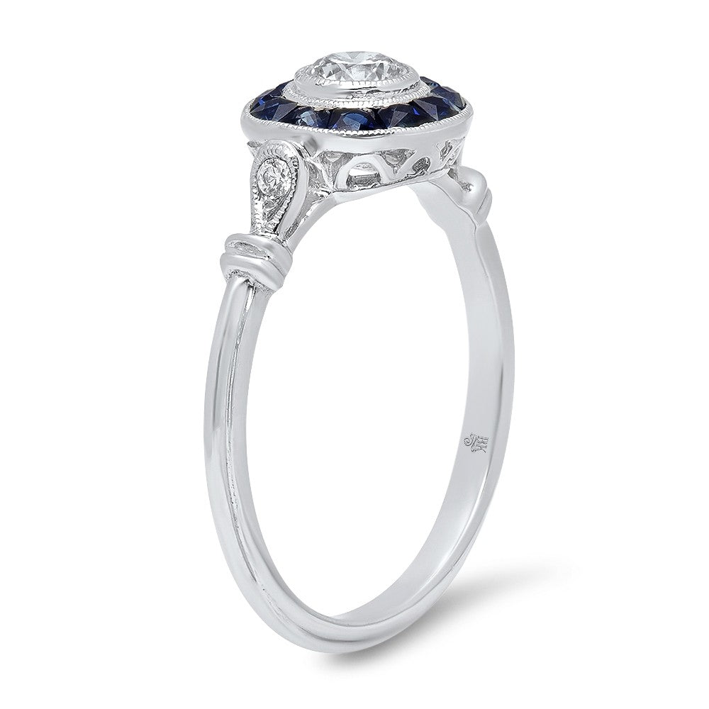 14K White Gold Circular Design Diamond And Sapphire Ring