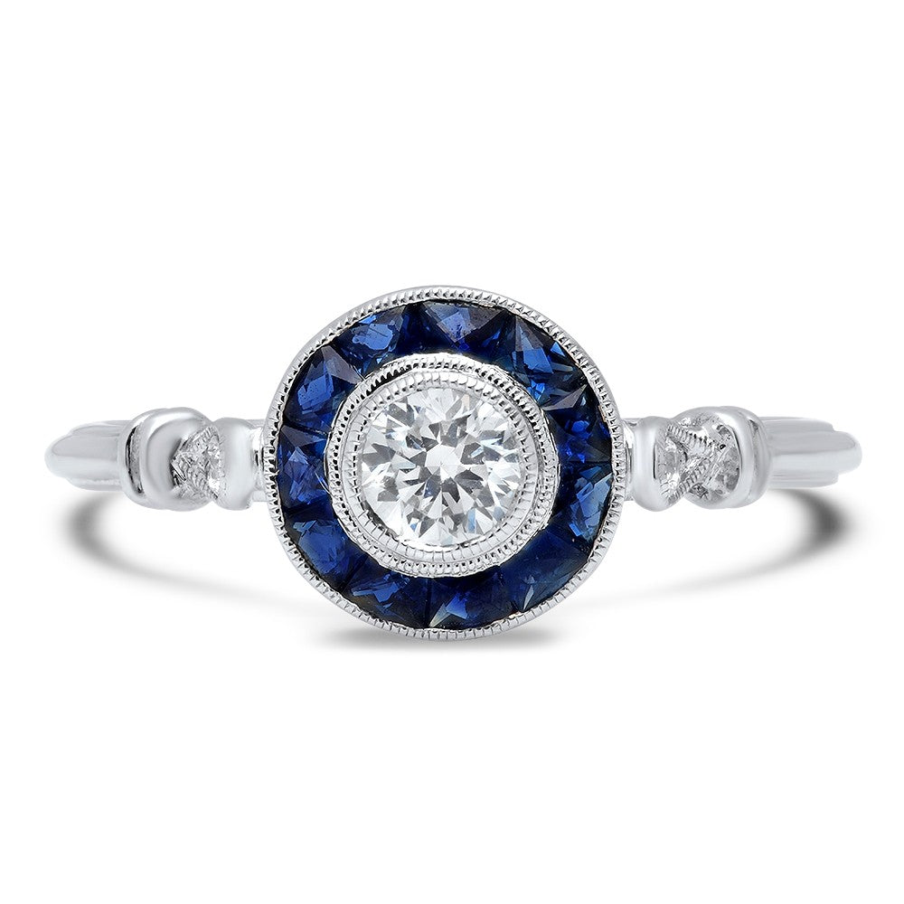 14K White Gold Circular Design Diamond And Sapphire Ring