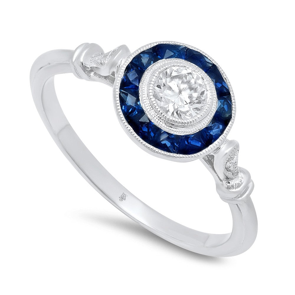 14K White Gold Circular Design Diamond And Sapphire Ring