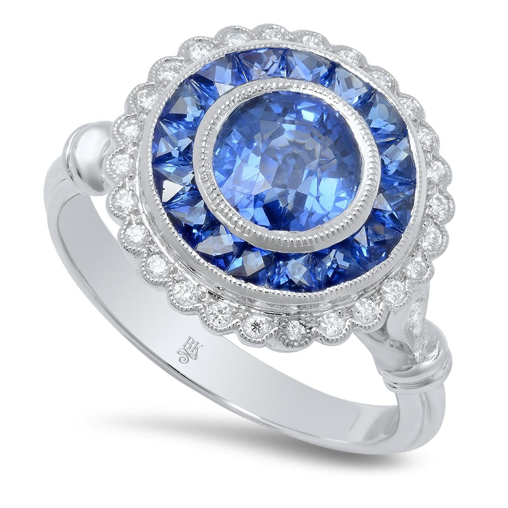 Ladies 18K White Gold Art Deco Diamond And Sapphire Ring